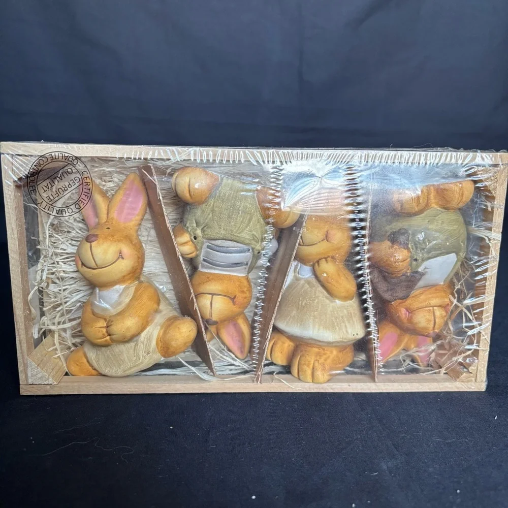 New Set of 4 Yellow Miniature Handpainted Easter Bunny Figurines
